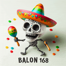 a skeleton wearing a sombrero is holding maracas and says balon 168 on the bottom