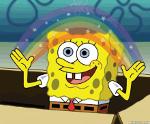 a cartoon of spongebob squarepants with a rainbow behind him