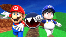 a cartoon of mario and smg running away from a shark