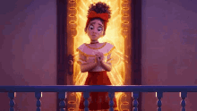 a cartoon girl is standing on a balcony in front of a door with a light coming out of it .