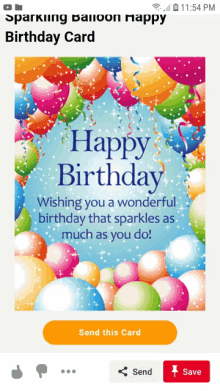 a sparkling balloon happy birthday card is shown on a phone screen