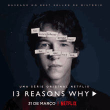 a poster for netflix 's 13 reasons why shows a young man with papers covering his face