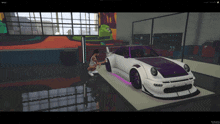 a woman is kneeling next to a white and purple sports car in a video game