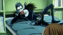 a cartoon character is laying on a couch with a bookshelf in the background that says ' death note ' on the spines