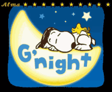 a cartoon of snoopy sleeping on a crescent moon with the words g ' night written on it