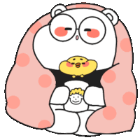 a cartoon drawing of a bear holding a chick