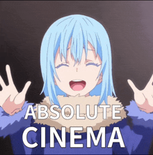 a picture of a girl with blue hair and the words absolute cinema on the bottom