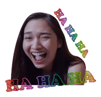 a woman is laughing with the words ha ha ha written in rainbow colored letters