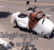 a snoopy motorcycle is parked on the side of the road