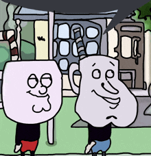 two cartoon characters are standing next to each other in front of a building with the number 3 on it