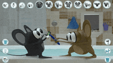 two cartoon mice are brushing their teeth in a bathtub