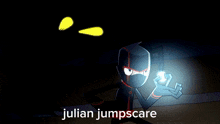 a blue monster with yellow eyes and the words julian jumpscare on the bottom