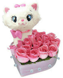 a stuffed cat is sitting in a heart shaped box filled with pink roses .