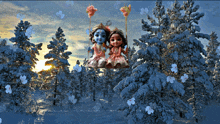 a couple of dolls sitting on a swing in the snow