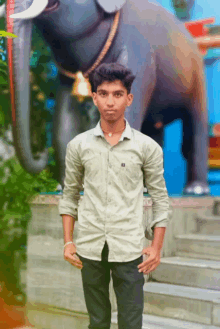 a young man stands in front of a large elephant statue