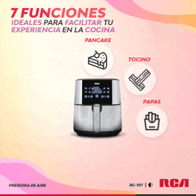 an advertisement for a fryer that says 7 funciones ideales para facilitar tu experiencia en la cocina pancake tocino papas