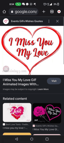 a screenshot of a google page with a heart that says i miss you my love