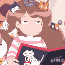 a cartoon of a girl reading a book with cats on her head and the word uh on the bottom