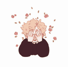 a drawing of a boy covering his eyes with his hands surrounded by flowers