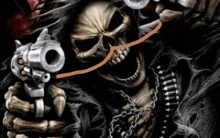 a skeleton is holding a gun in his hand and pointing it .