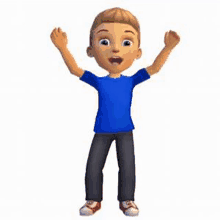 a cartoon boy is standing with his arms in the air and his mouth open .