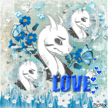 a picture of a dragon with the word love written in blue