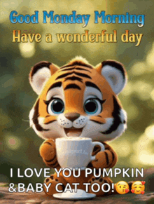 a cartoon tiger holding a cup of coffee says good monday morning have a wonderful day