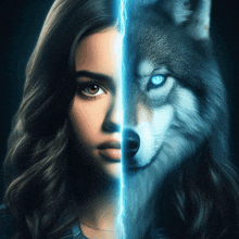 half a woman and half a wolf with blue eyes and a lightning bolt between them