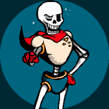 a pixel art of a skeleton with a red cape