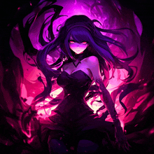 a girl with purple hair and red eyes in a black dress