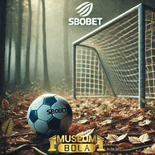 a soccer ball with the word sbobet on it sits in front of a goal