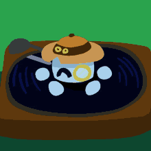 a cartoon character with a hat and a spoon on top of it