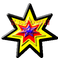 a yellow red and blue star with the word kapow written on it