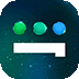 a blue square with three green and blue circles and a white l in the middle .