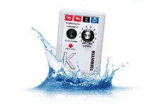 a white device with the letter k on it is splashing in water