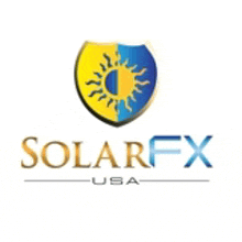 the logo for solarfx usa has a shield with a sun on it