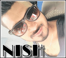 a man wearing sunglasses and the name nish on the bottom right