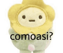 a stuffed animal with a yellow flower hat and the word comoasi written on it .