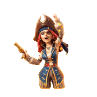 a cartoon pirate woman is holding a gun and giving the middle finger