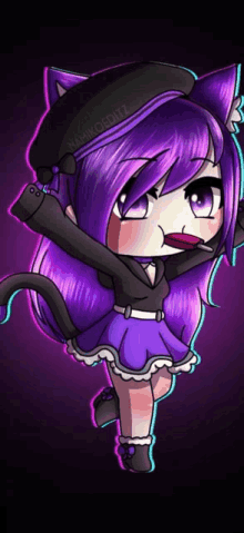 a drawing of a girl with purple hair and a cat ear hat