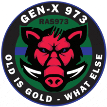 a logo for gen-x 973 has a red boar in the center