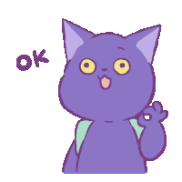 a purple cat giving an ok sign with its paw