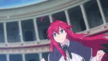 a girl with red hair and blue eyes is running in front of a building in an anime .