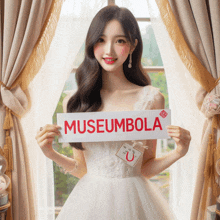 a woman in a wedding dress is holding a sign that says museumbola