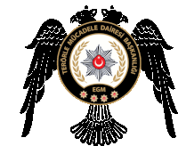 a black and gold emblem for egm with two eagles