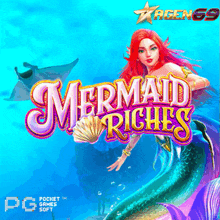 a poster for a game called mermaid riches with a mermaid on it