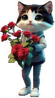 a cat holding a bunch of red roses in its paws