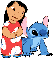 a girl in a red dress is standing next to stitch