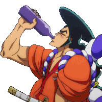 a cartoon character is drinking from a purple bottle with the letter t on it