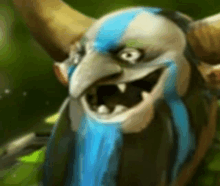 a cartoon character with horns and a blue beard is smiling